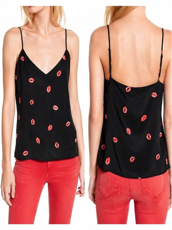 L'AGENCE Tops - L'AGENCE Jane Camisole Black Silk Spaghetti-Strap Pink Lip Motif Sz SP